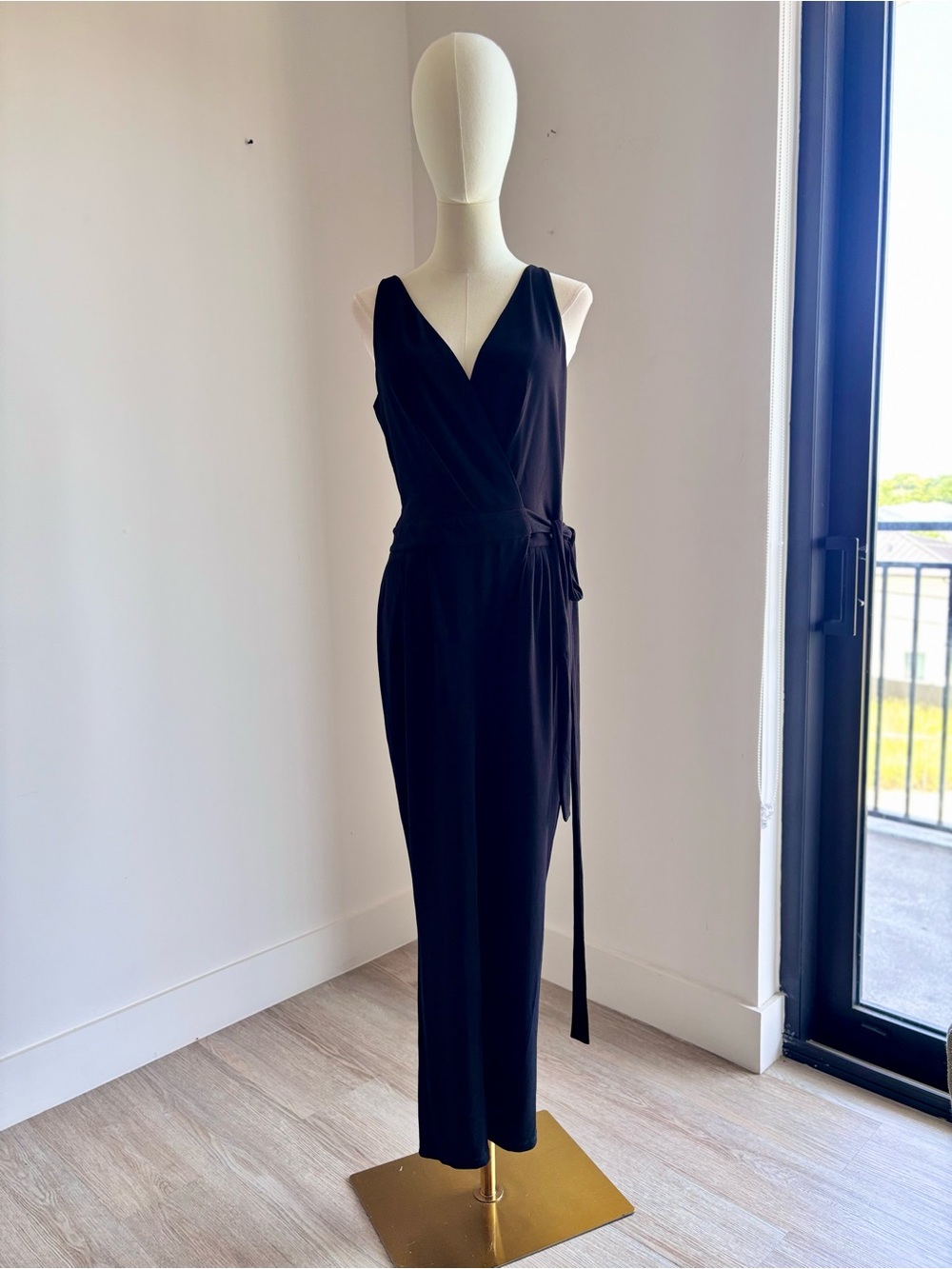 NWT Lauren Ralph Lauren Black Surplice Wrap Jumpsuit Sleeveless Belted M